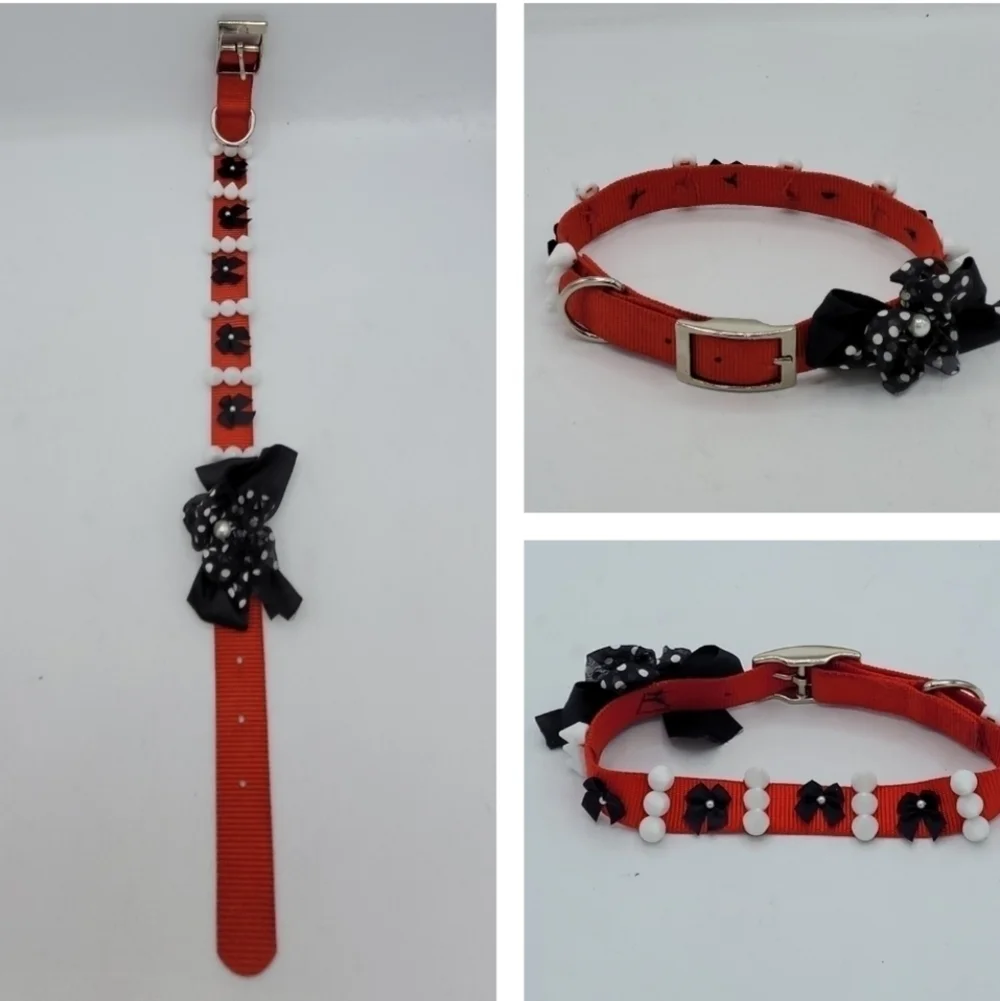 Dog Collar Black Red White Bow Pearls and Spikes